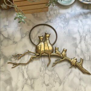 Vintage Cat Family on Branch with Moon Brass Wall Decor